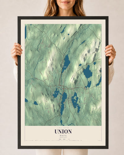 Union, Maine map print - 24 x 36 black Ayous wood frame
