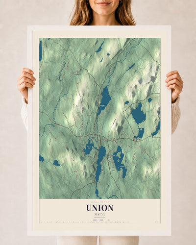 Union, Maine map print - 24 x 36 white Ayous wood frame