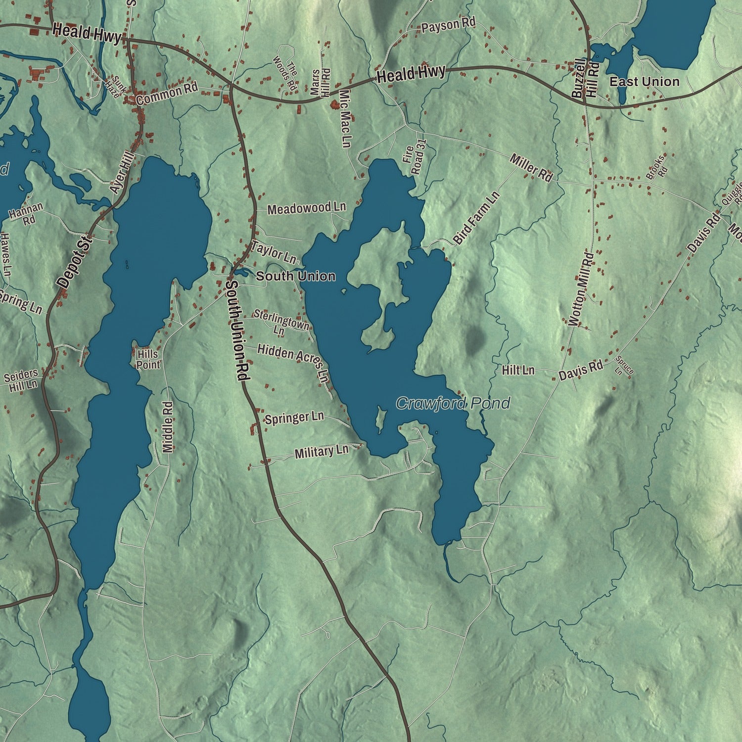 Terrain and local geography detail from the Union, Maine map