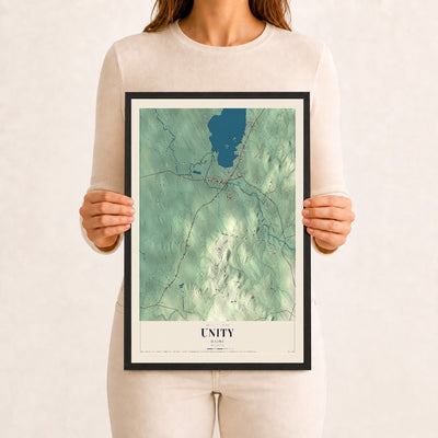 Unity, Maine map print - 12 x 18 black Ayous wood frame
