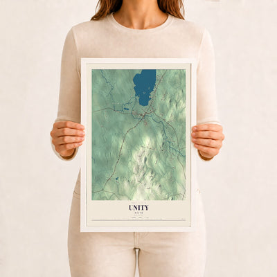 Unity, Maine map print - 12 x 18 white Ayous wood frame