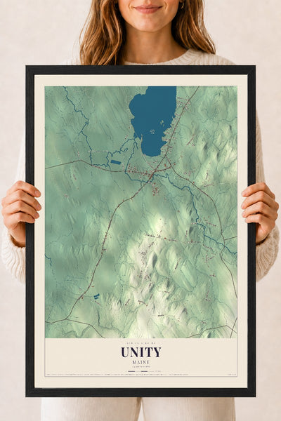 Unity, Maine map print - 18 x 24 black Ayous wood frame