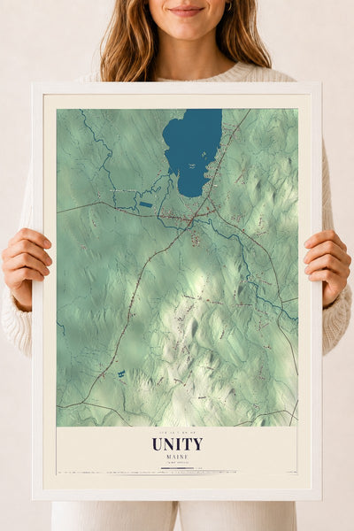 Unity, Maine map print - 18 x 24 white Ayous wood frame