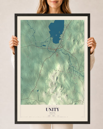 Unity, Maine map print - 24 x 36 black Ayous wood frame
