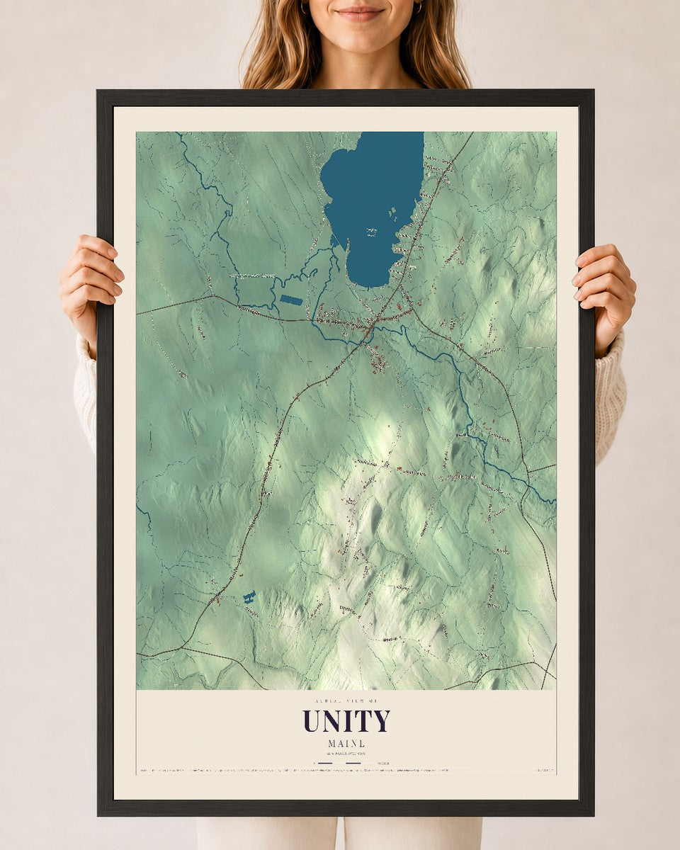 Unity, Maine map print - 24 x 36 black Ayous wood frame