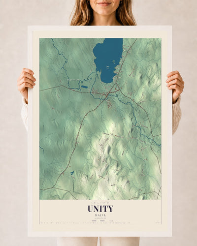 Unity, Maine map print - 24 x 36 white Ayous wood frame