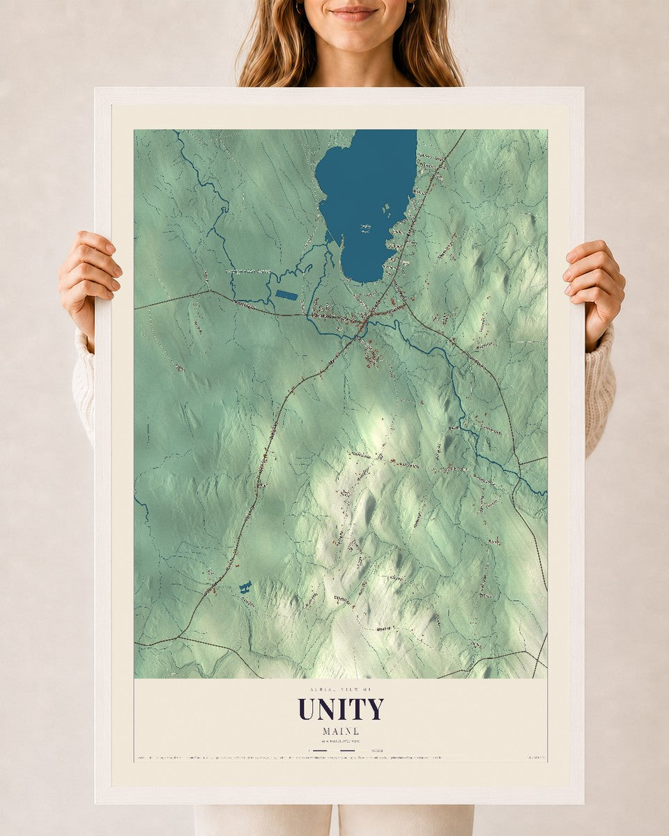 Unity, Maine map print - 24 x 36 white Ayous wood frame