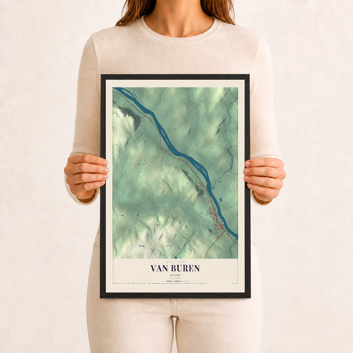 Van Buren, Maine map print - 12 x 18 black Ayous wood frame