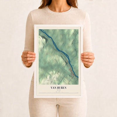 Van Buren, Maine map print - 12 x 18 white Ayous wood frame