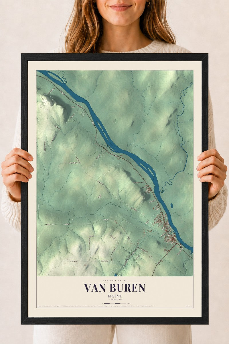 Van Buren, Maine map print - 18 x 24 black Ayous wood frame