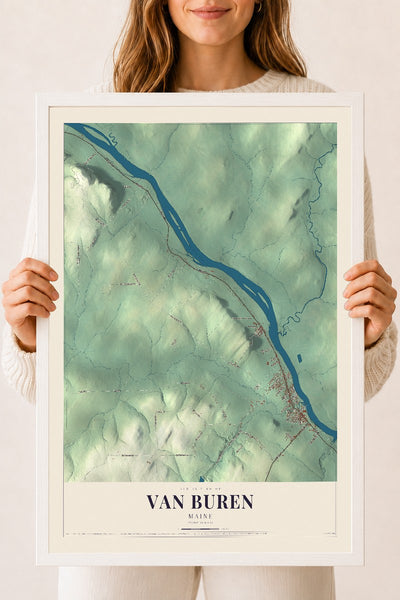 Van Buren, Maine map print - 18 x 24 white Ayous wood frame