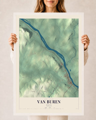 Van Buren, Maine map print - 24 x 36 white Ayous wood frame
