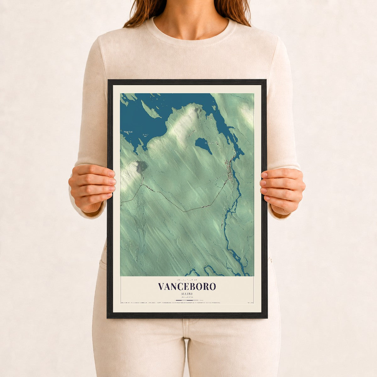 Vanceboro, Maine map print - 12 x 18 black Ayous wood frame