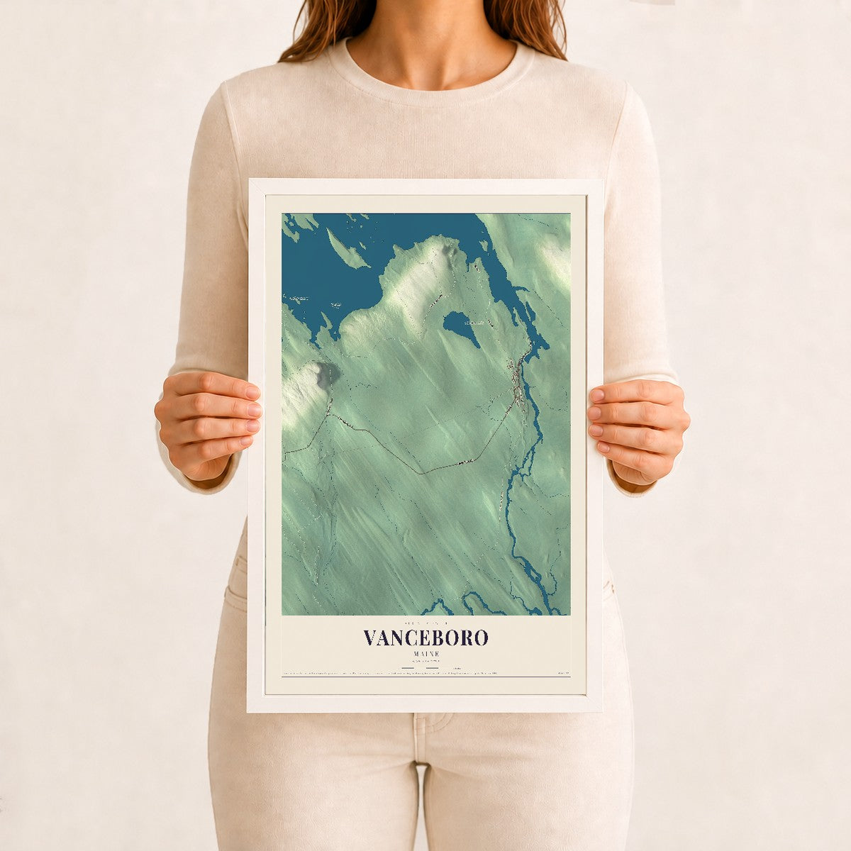 Vanceboro, Maine map print - 12 x 18 white Ayous wood frame