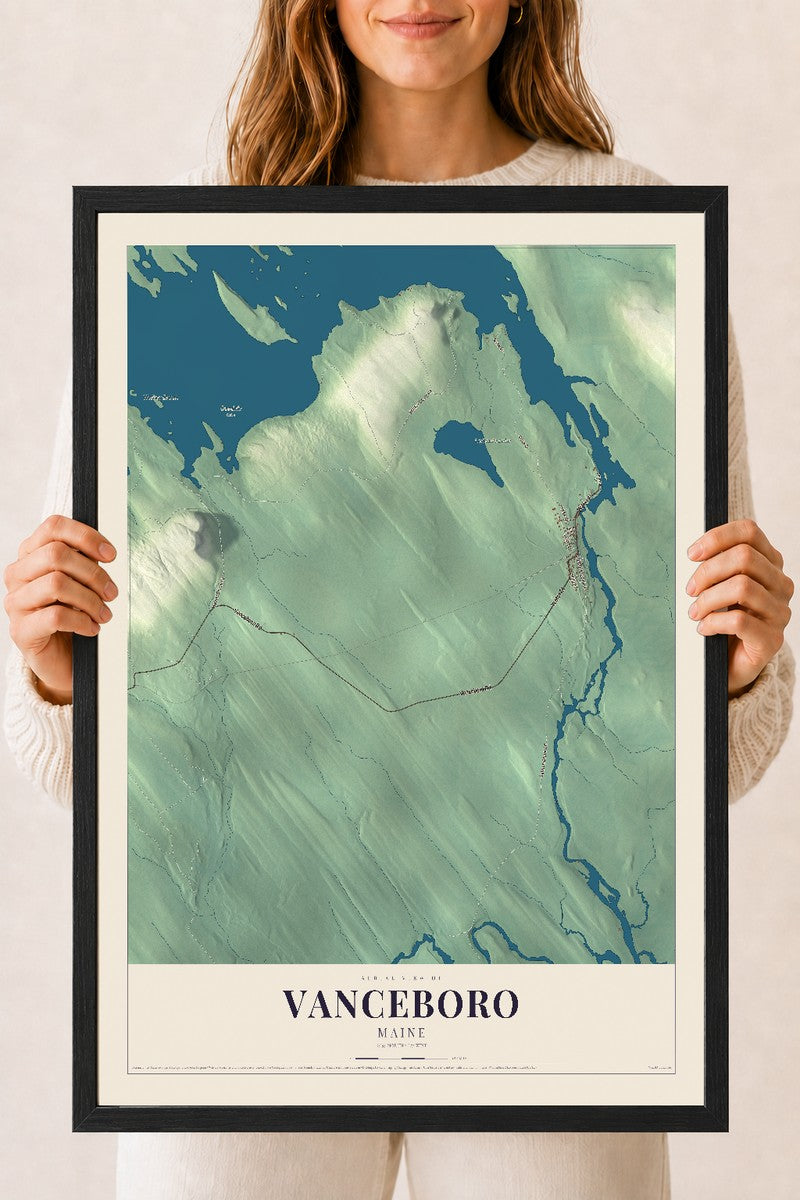 Vanceboro, Maine map print - 18 x 24 black Ayous wood frame