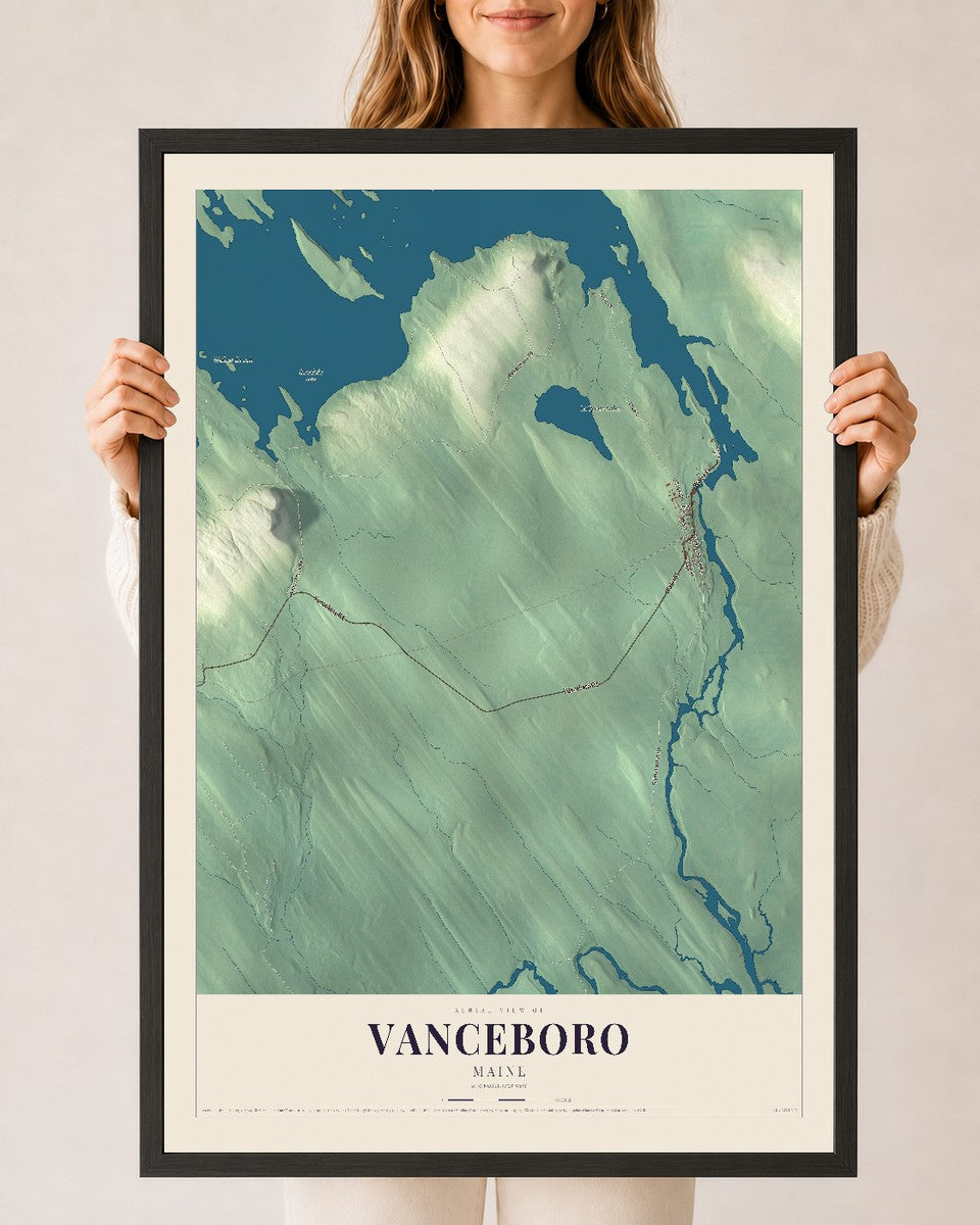 Vanceboro, Maine map print - 24 x 36 black Ayous wood frame