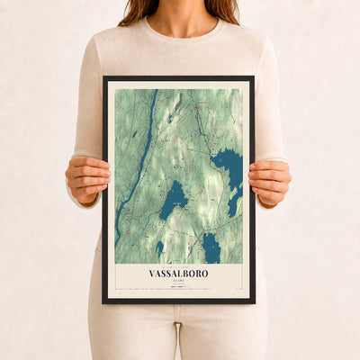 Vassalboro, Maine map print - 12 x 18 black Ayous wood frame