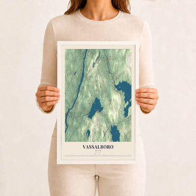 Vassalboro, Maine map print - 12 x 18 white Ayous wood frame