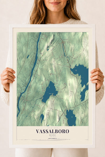 Vassalboro, Maine map print - 18 x 24 white Ayous wood frame