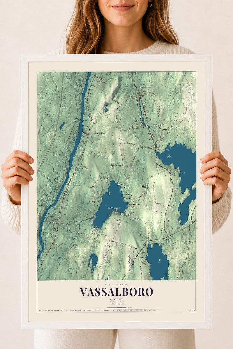 Vassalboro, Maine map print - 18 x 24 white Ayous wood frame