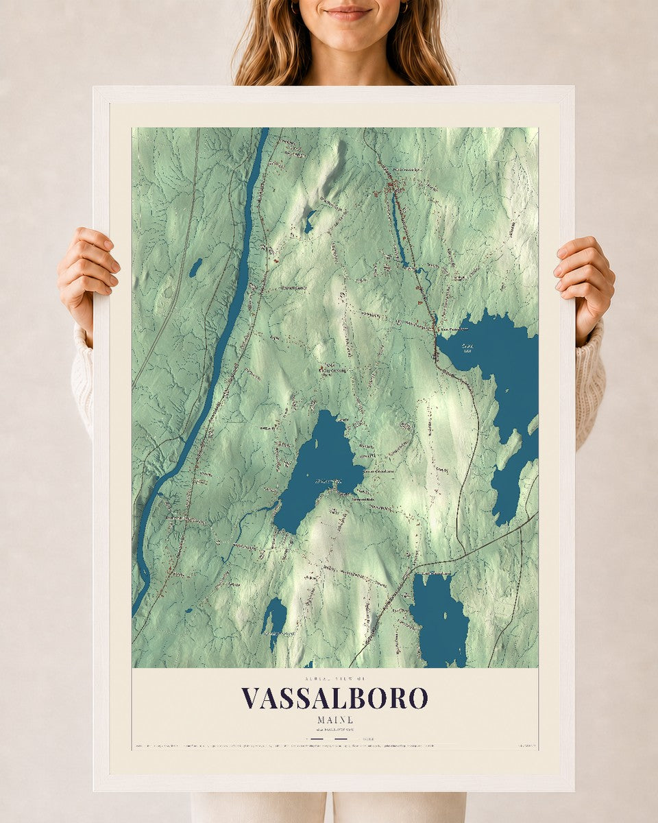 Vassalboro, Maine map print - 24 x 36 white Ayous wood frame