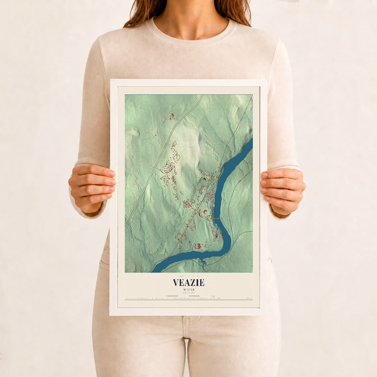 Veazie, Maine map print - 12 x 18 white Ayous wood frame
