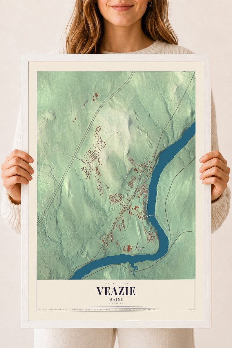 Veazie, Maine map print - 18 x 24 white Ayous wood frame