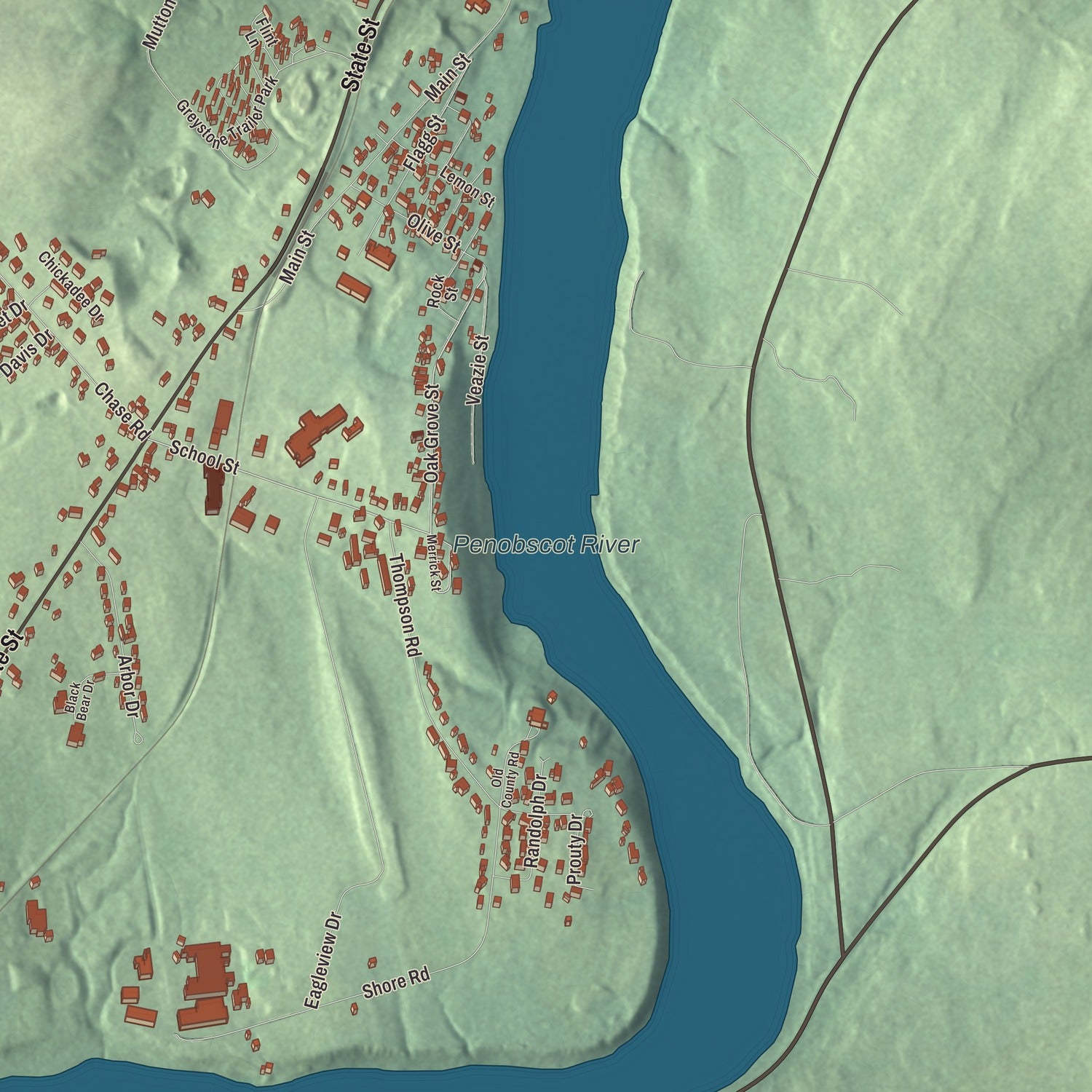 Terrain and local geography detail from the Veazie, Maine map
