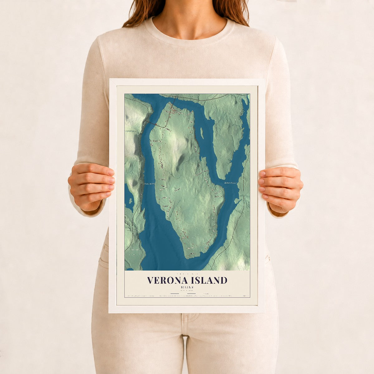 Verona Island, Maine map print - 12 x 18 white Ayous wood frame