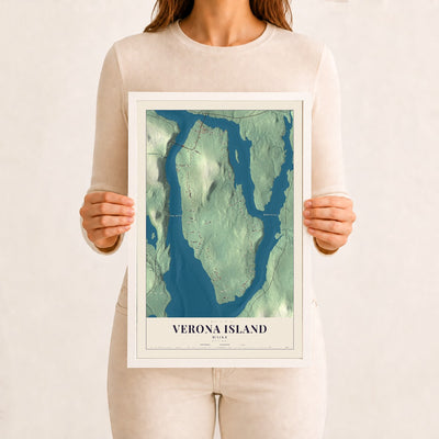 Verona Island, Maine map print - 12 x 18 white Ayous wood frame
