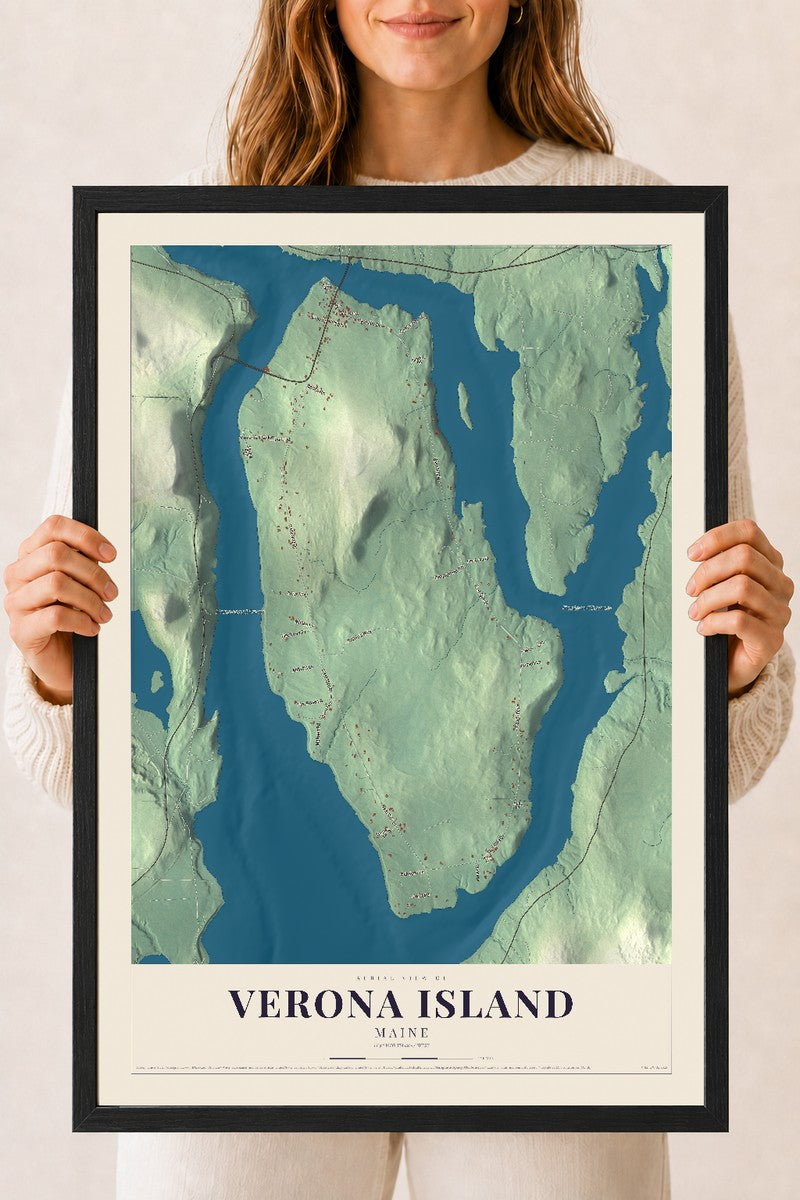 Verona Island, Maine map print - 18 x 24 black Ayous wood frame