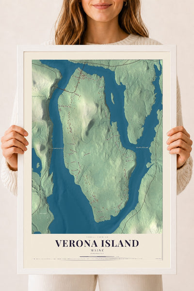 Verona Island, Maine map print - 18 x 24 white Ayous wood frame