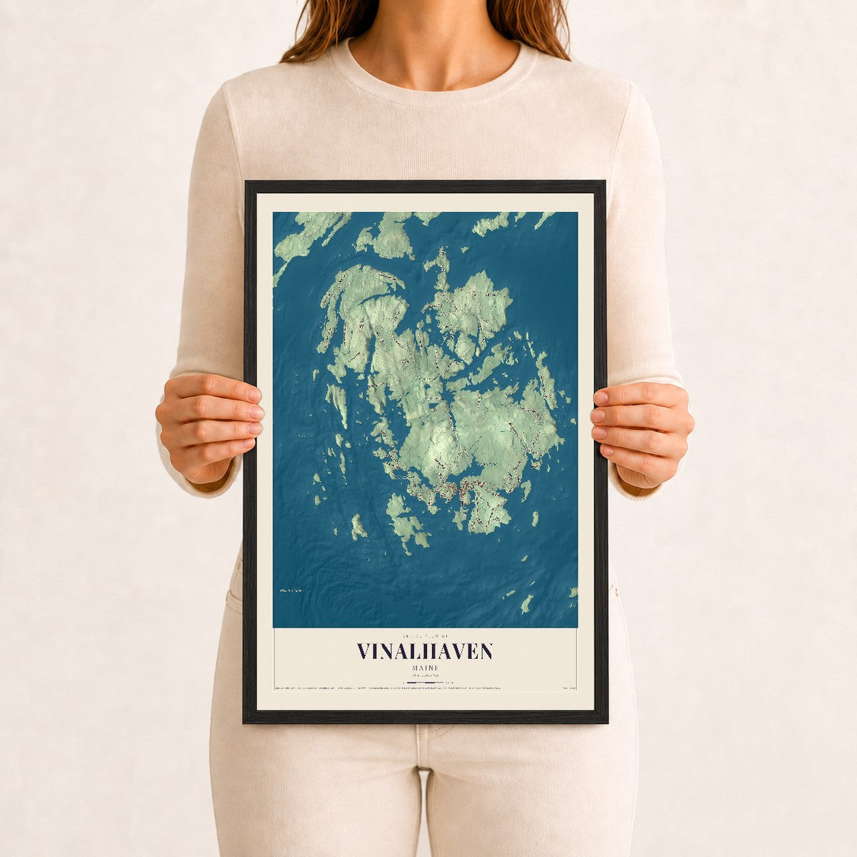 Vinalhaven, Maine map print - 12 x 18 black Ayous wood frame