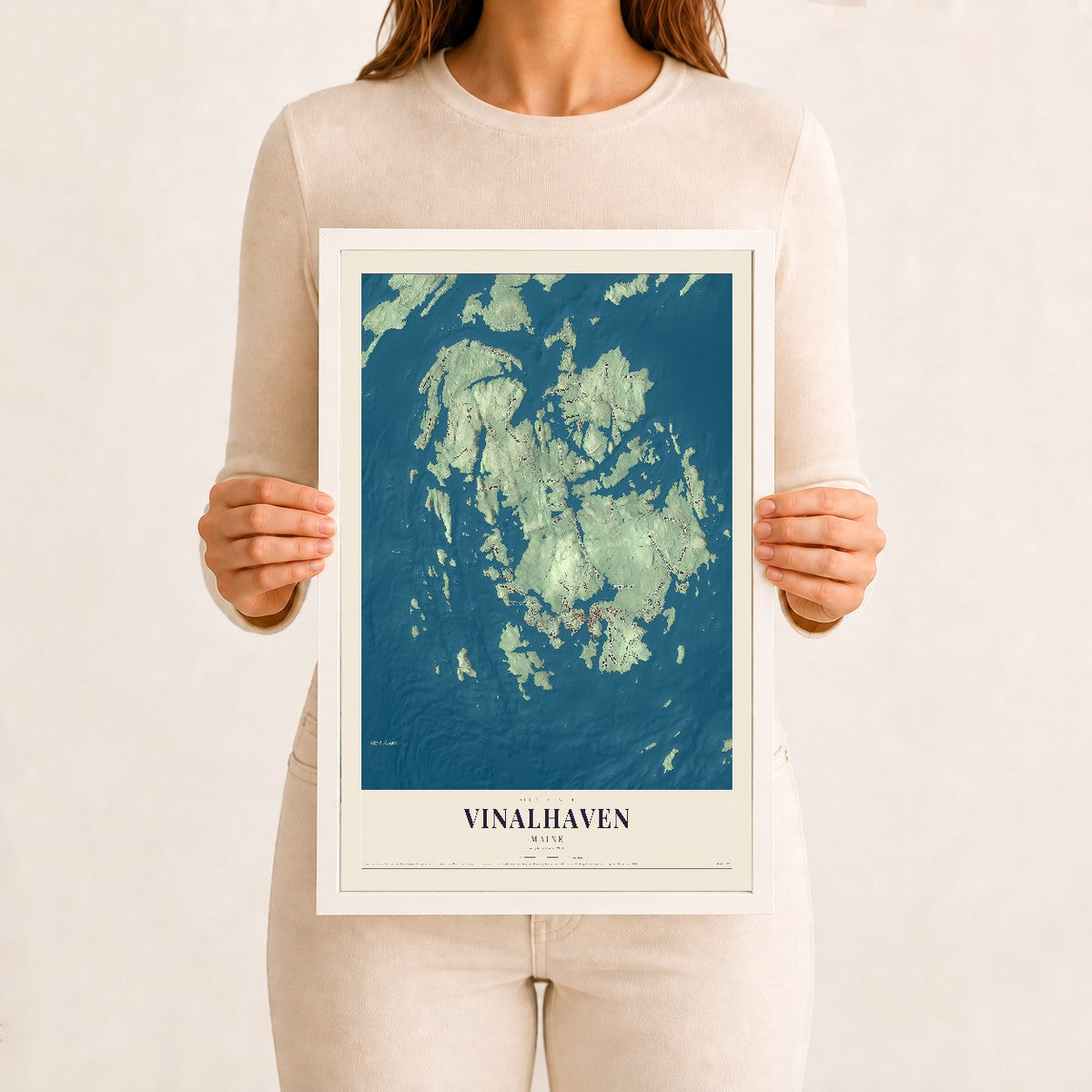 Vinalhaven, Maine map print - 12 x 18 white Ayous wood frame