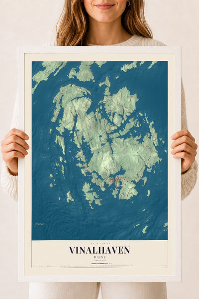 Vinalhaven, Maine map print - 18 x 24 white Ayous wood frame