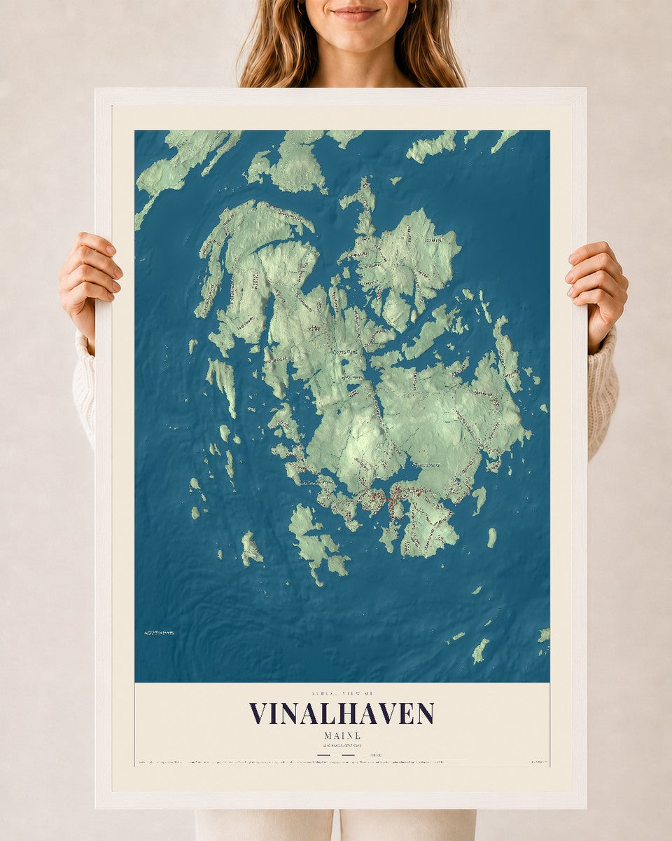 Vinalhaven, Maine map print - 24 x 36 white Ayous wood frame