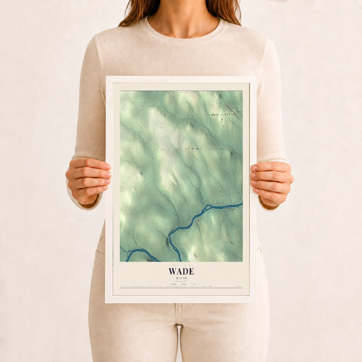 Wade, Maine map print - 12 x 18 white Ayous wood frame