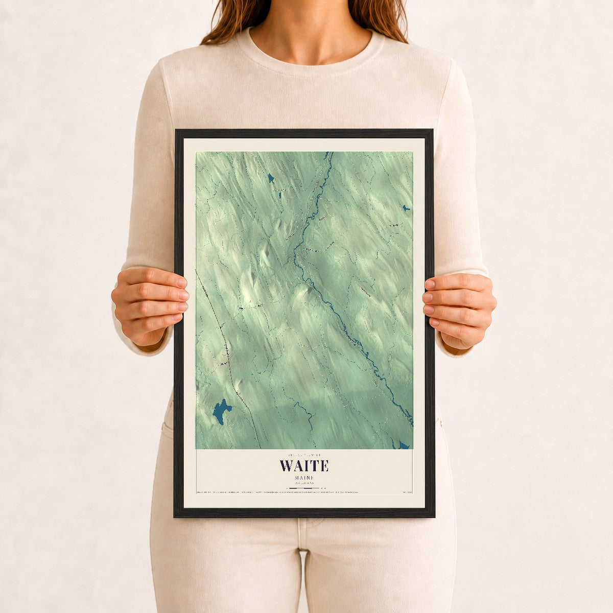 Waite, Maine map print - 12 x 18 black Ayous wood frame