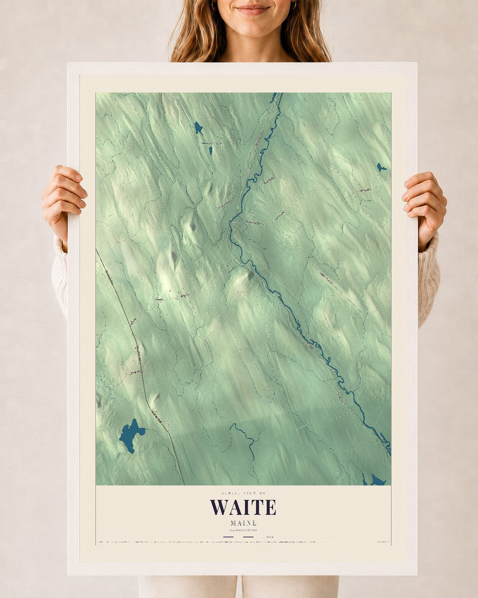 Waite, Maine map print - 24 x 36 white Ayous wood frame