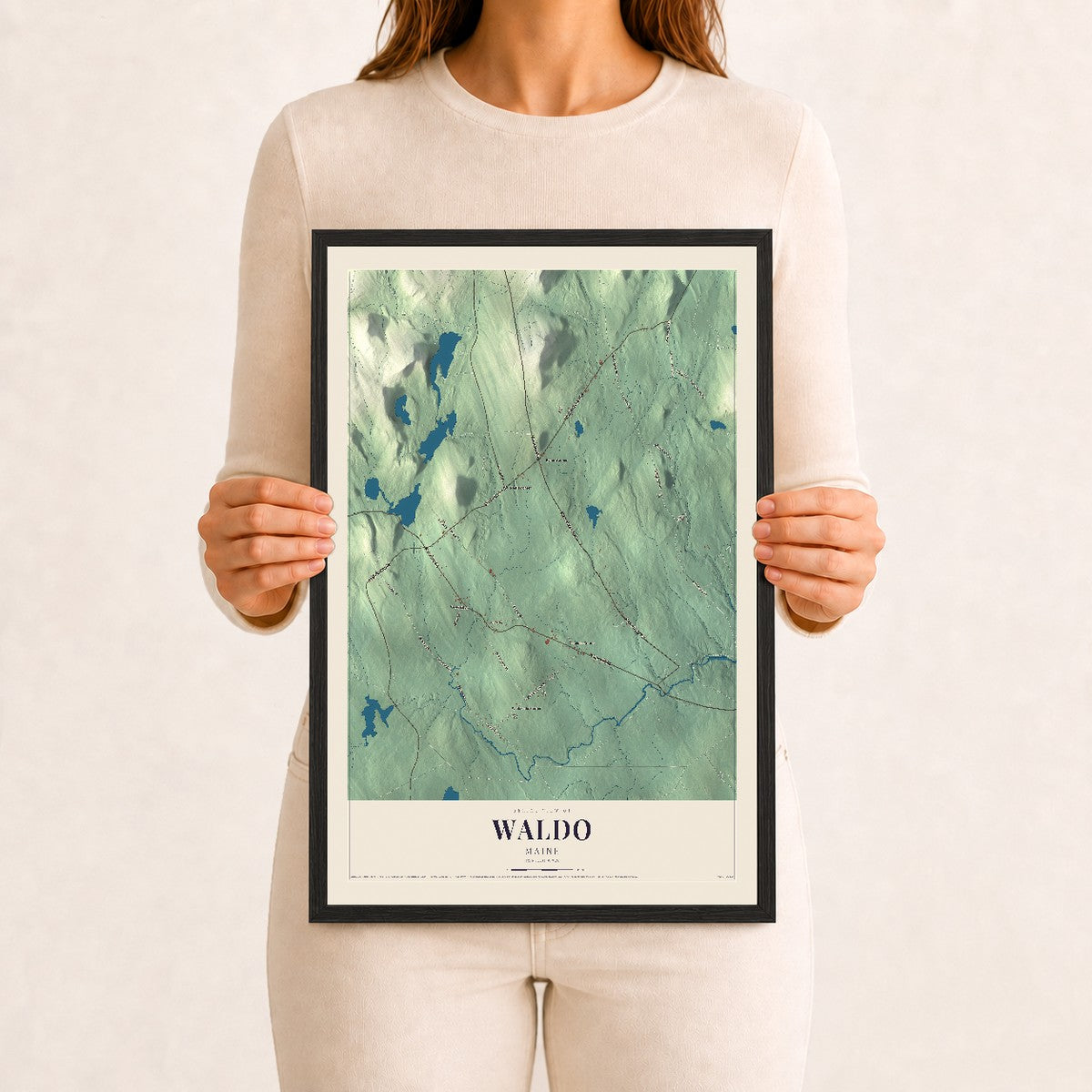 Waldo, Maine map print - 12 x 18 black Ayous wood frame