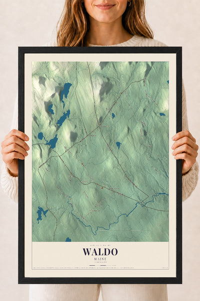 Waldo, Maine map print - 18 x 24 black Ayous wood frame