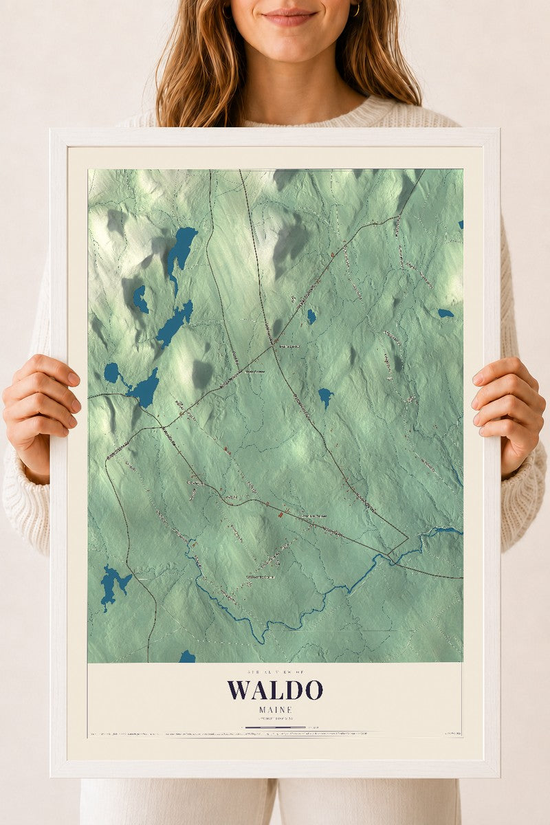 Waldo, Maine map print - 18 x 24 white Ayous wood frame