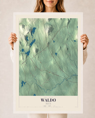 Waldo, Maine map print - 24 x 36 white Ayous wood frame