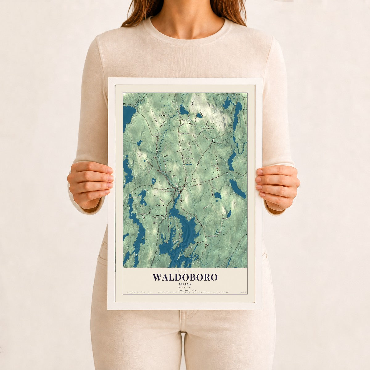 Waldoboro, Maine map print - 12 x 18 white Ayous wood frame