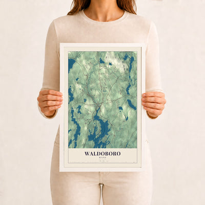 Waldoboro, Maine map print - 12 x 18 white Ayous wood frame