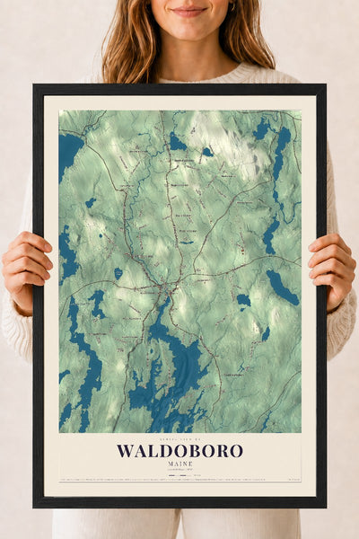 Waldoboro, Maine map print - 18 x 24 black Ayous wood frame