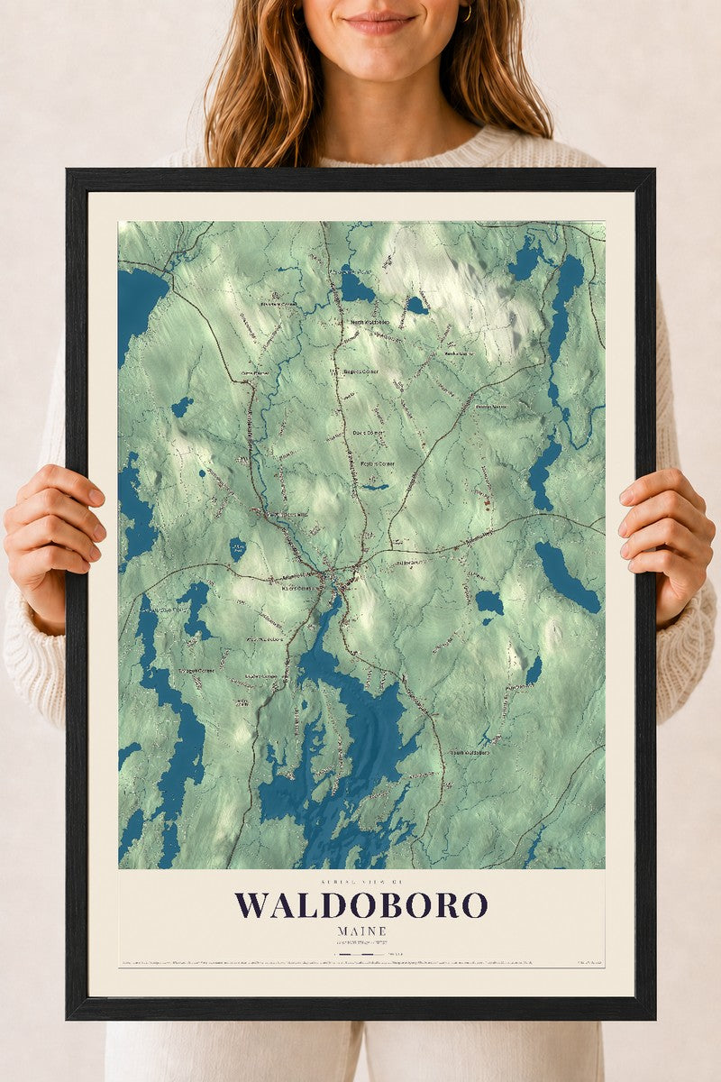 Waldoboro, Maine map print - 18 x 24 black Ayous wood frame