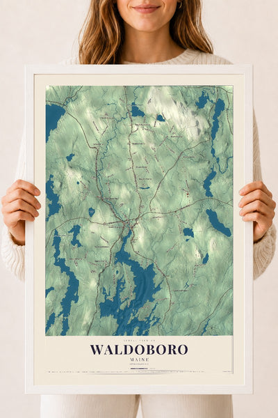 Waldoboro, Maine map print - 18 x 24 white Ayous wood frame