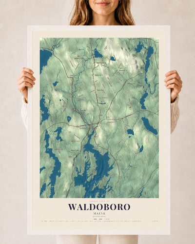 Waldoboro, Maine map print - 24 x 36 white Ayous wood frame