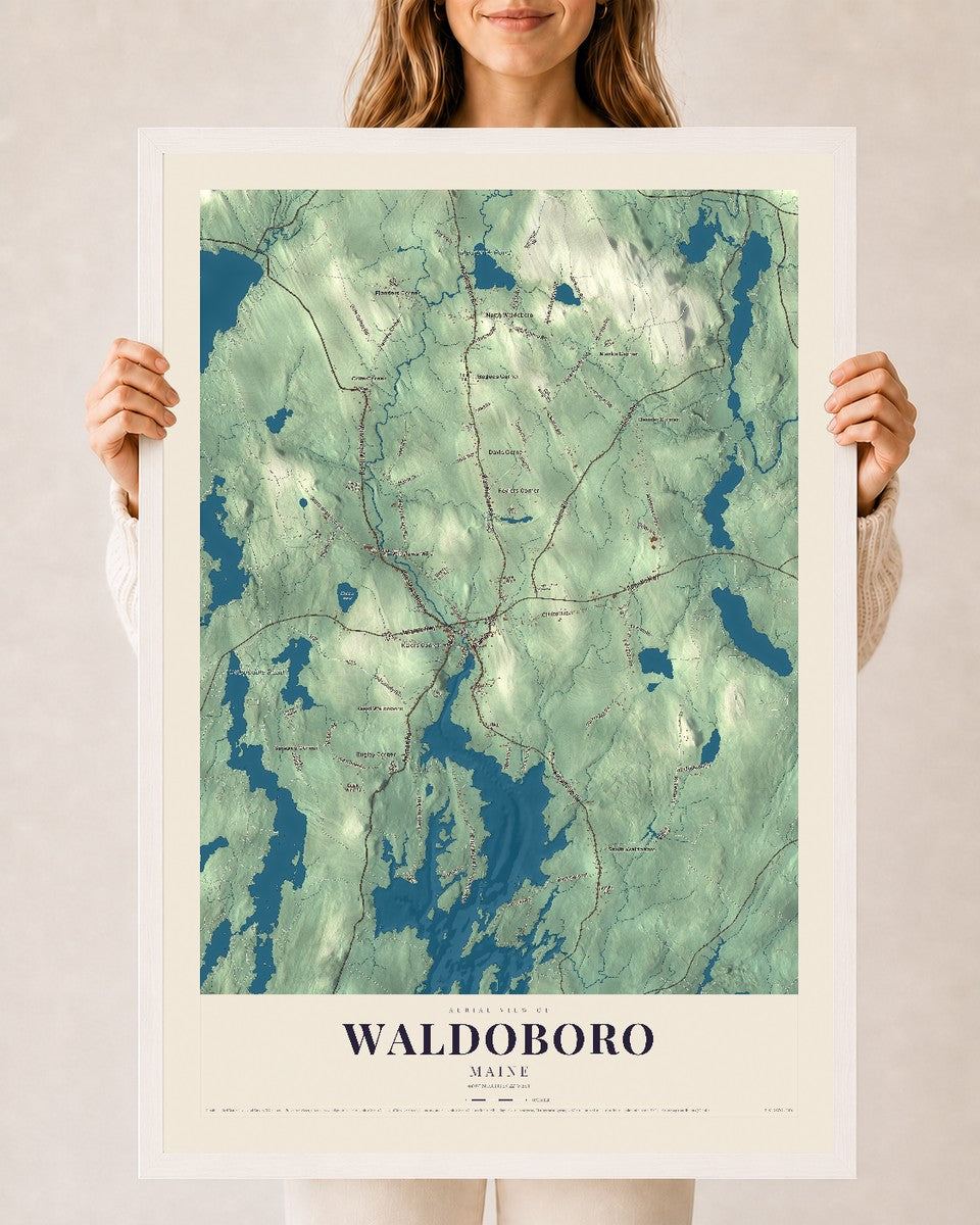 Waldoboro, Maine map print - 24 x 36 white Ayous wood frame